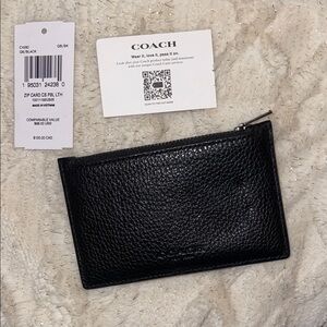 Coach Black Leather Zip Card Pouch with tags